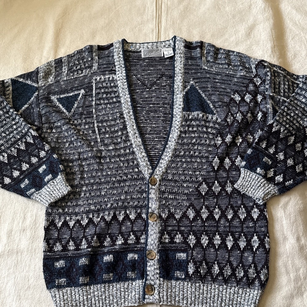 Vtg Grandpa Sweater Method Geometric Cardigan Men's Size L Made In Korea